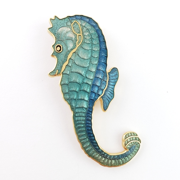 Vintage Jewelry - Seahorse Brooch Gold Tone and Blues